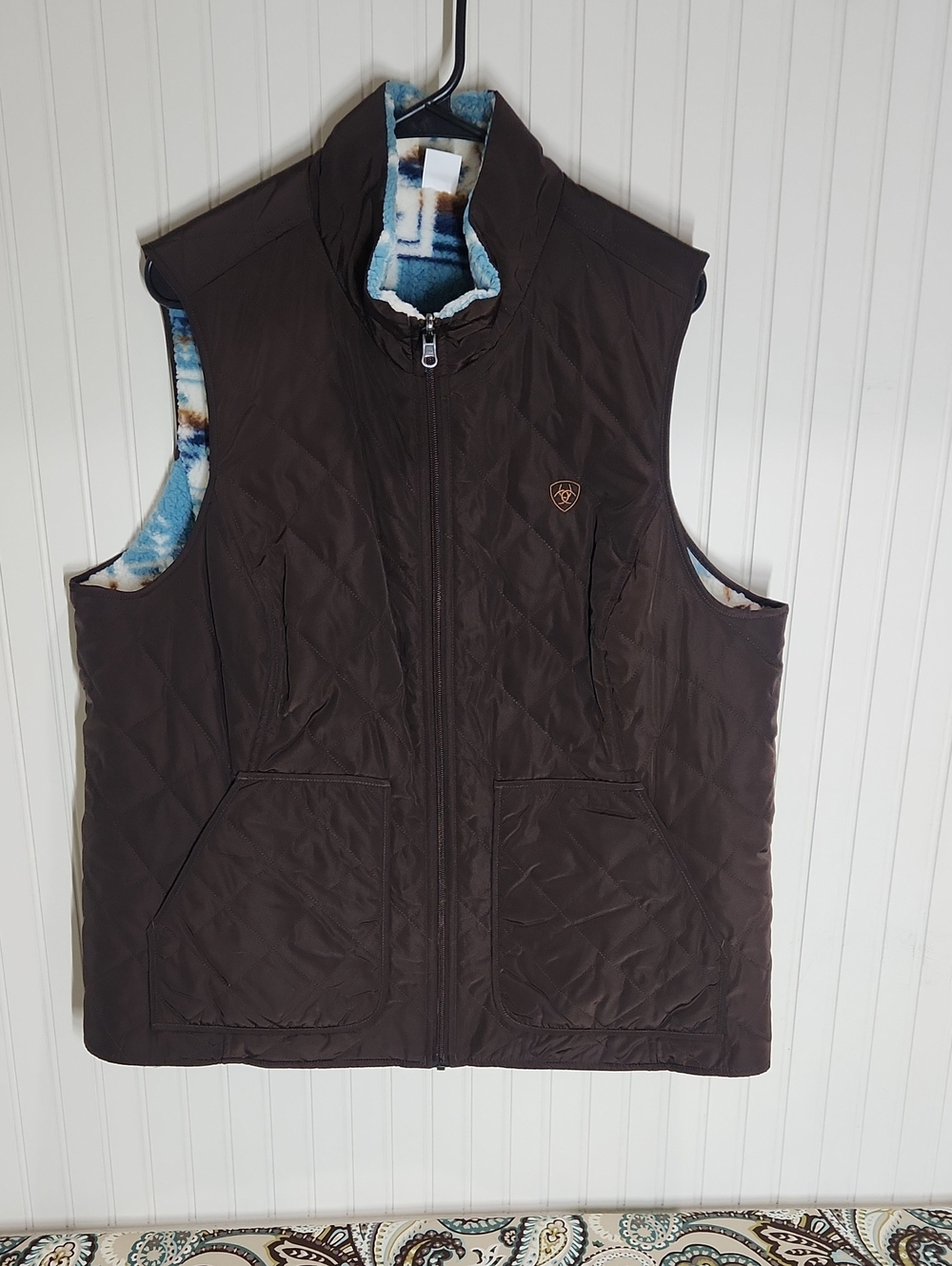 Ariat Women's Brown Quilted Reversible Vest with Blue Patterned Fleece